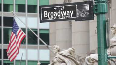 Broadway street road sign, Manhattan architecture, New York City. Traffic signage of street name.